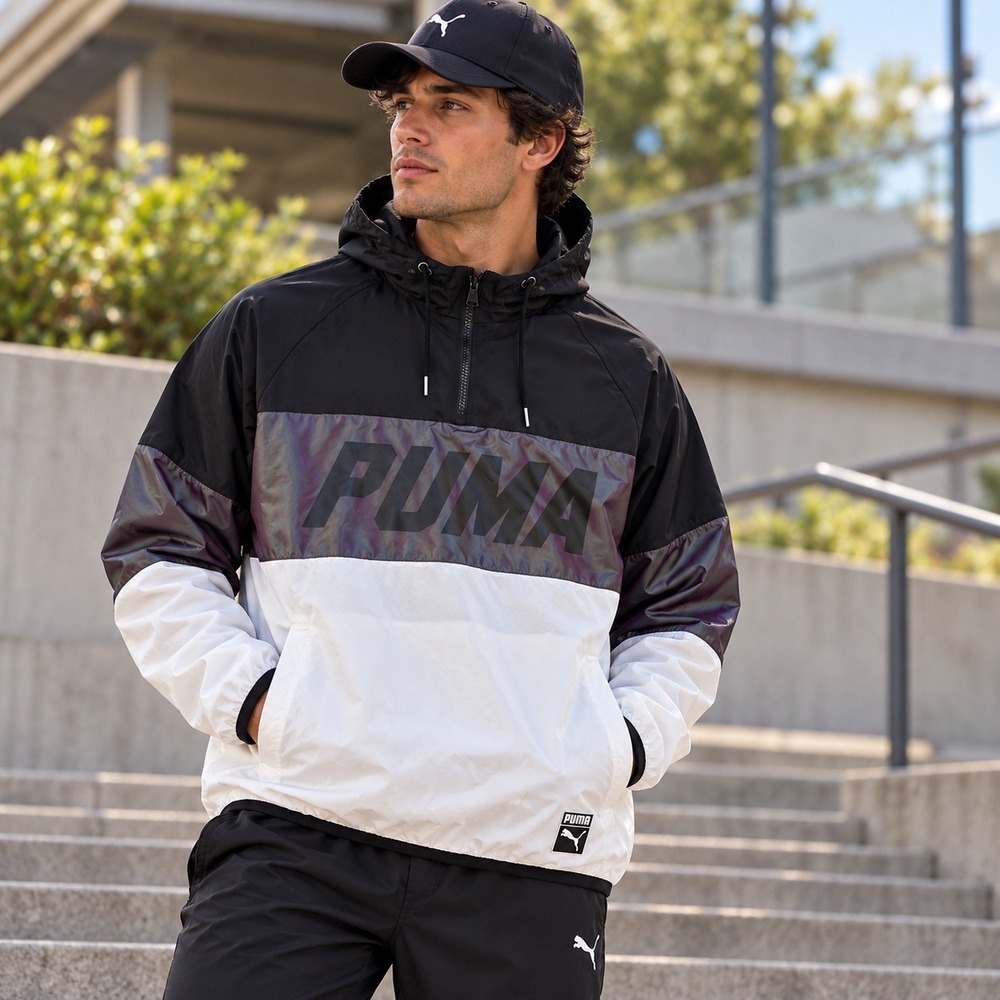 Puma Mens Iridescent Colorblock Half Zip Hoodie Windbreaker Jacket Black White S